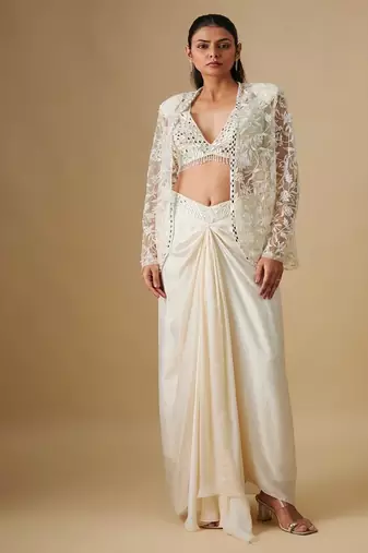 Ivory embroidered satin cape set