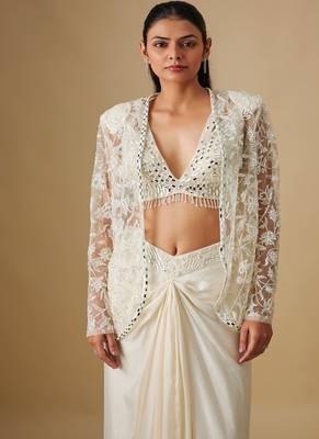 Ivory embroidered satin cape set 2