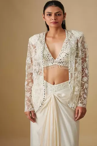 Ivory embroidered satin cape set