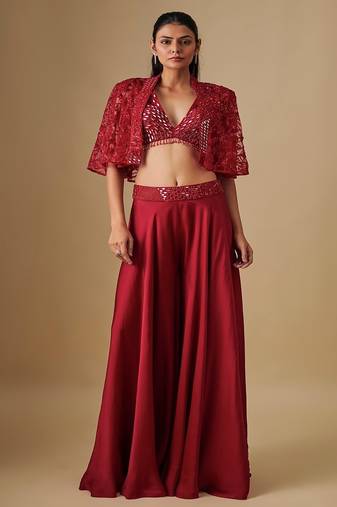 Red embroidered satin cape set