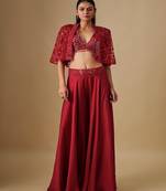 Red embroidered satin cape set