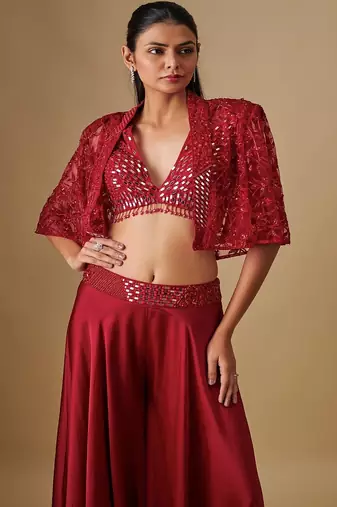 Red embroidered satin cape set