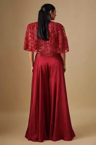 Red embroidered satin cape set