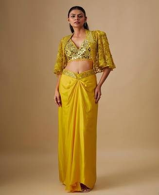 Yellow embroidered satin cape set 1