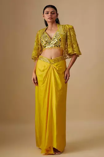 Yellow embroidered satin cape set