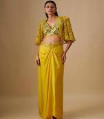 Yellow embroidered satin cape set
