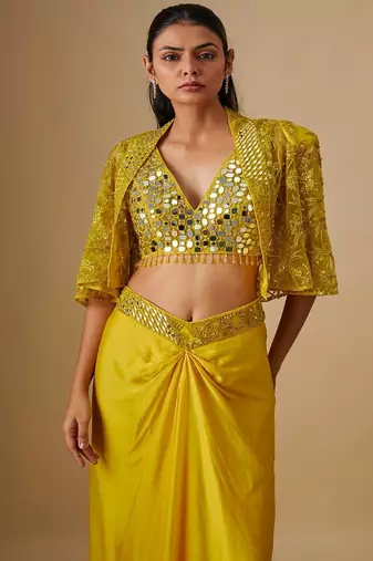 Yellow embroidered satin cape set