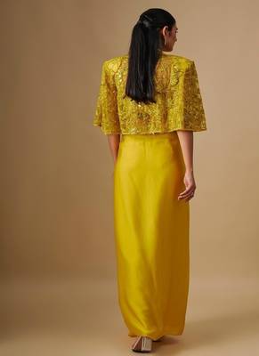 Yellow embroidered satin cape set 3