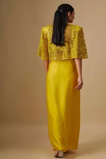 Yellow embroidered satin cape set