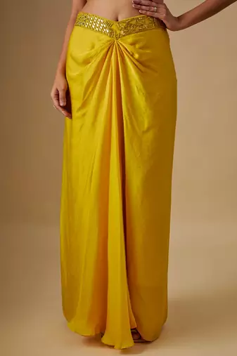 Yellow embroidered satin cape set