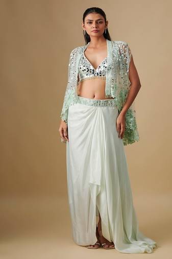 Green embroidered satin cape set