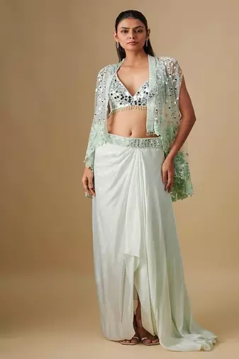 Green embroidered satin cape set