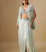 Green embroidered satin cape set