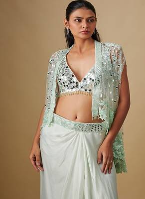 Green embroidered satin cape set 2