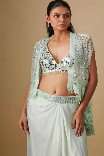 Green embroidered satin cape set