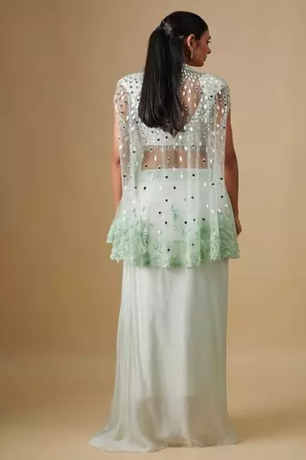 Green embroidered satin cape set