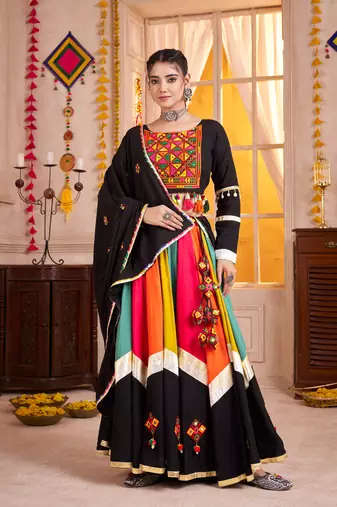 BLACK THREAD EMBROIDERED & MIRROR WORK VISCOSE COTTON TRADITIONAL NAVRATRI FESTIVAL WEDDING GARBA STITCHED LEHENGA CHOLI