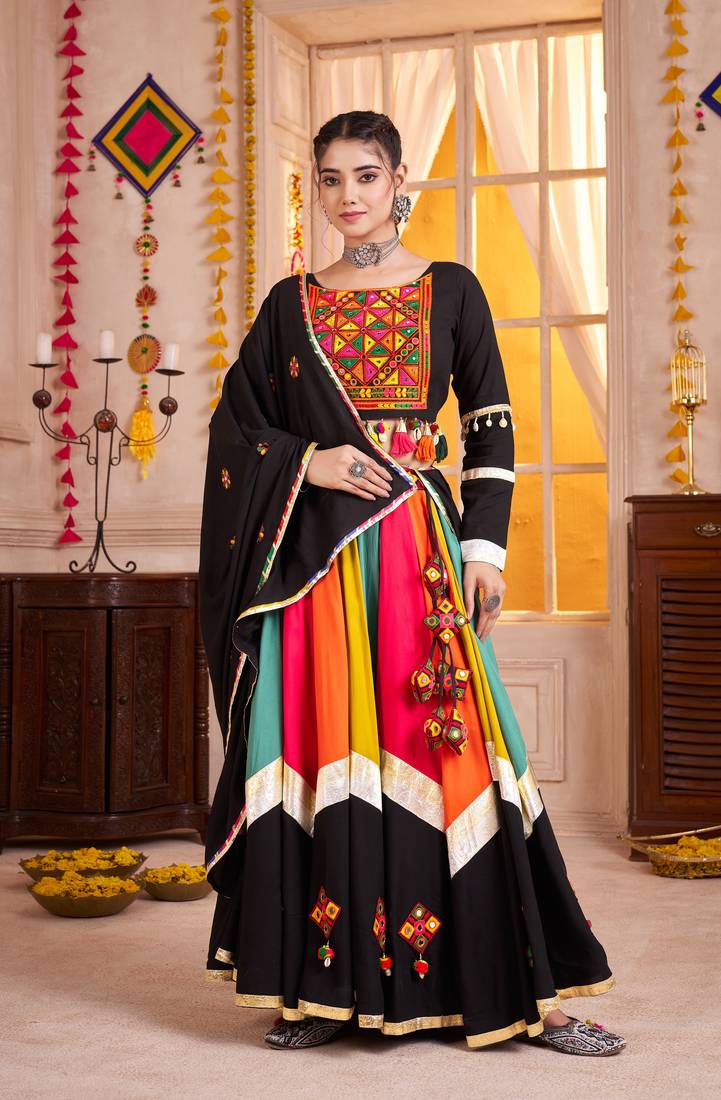 BLACK THREAD EMBROIDERED & MIRROR WORK VISCOSE COTTON TRADITIONAL NAVRATRI FESTIVAL WEDDING GARBA STITCHED LEHENGA CHOLI