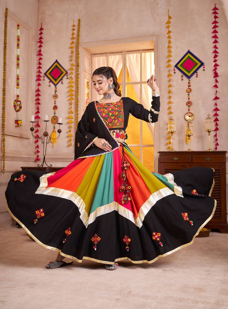 BLACK THREAD EMBROIDERED & MIRROR WORK VISCOSE COTTON TRADITIONAL NAVRATRI FESTIVAL WEDDING GARBA STITCHED LEHENGA CHOLI