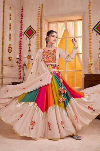 BEIGE THREAD EMBROIDERED & MIRROR WORK VISCOSE COTTON TRADITIONAL NAVRATRI FESTIVAL WEDDING GARBA STITCHED LEHENGA CHOLI