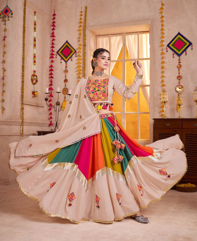 BEIGE THREAD EMBROIDERED & MIRROR WORK VISCOSE COTTON TRADITIONAL NAVRATRI FESTIVAL WEDDING GARBA STITCHED LEHENGA CHOLI