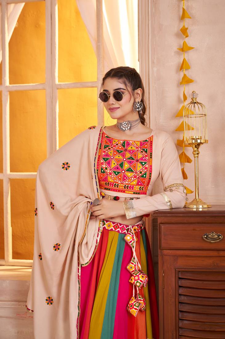 BEIGE THREAD EMBROIDERED & MIRROR WORK VISCOSE COTTON TRADITIONAL NAVRATRI FESTIVAL WEDDING GARBA STITCHED LEHENGA CHOLI