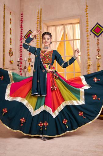 TEAL THREAD EMBROIDERED & MIRROR WORK VISCOSE COTTON TRADITIONAL NAVRATRI FESTIVAL WEDDING GARBA STITCHED LEHENGA CHOLI