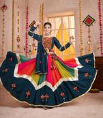 TEAL THREAD EMBROIDERED & MIRROR WORK VISCOSE COTTON TRADITIONAL NAVRATRI FESTIVAL WEDDING GARBA STITCHED LEHENGA CHOLI