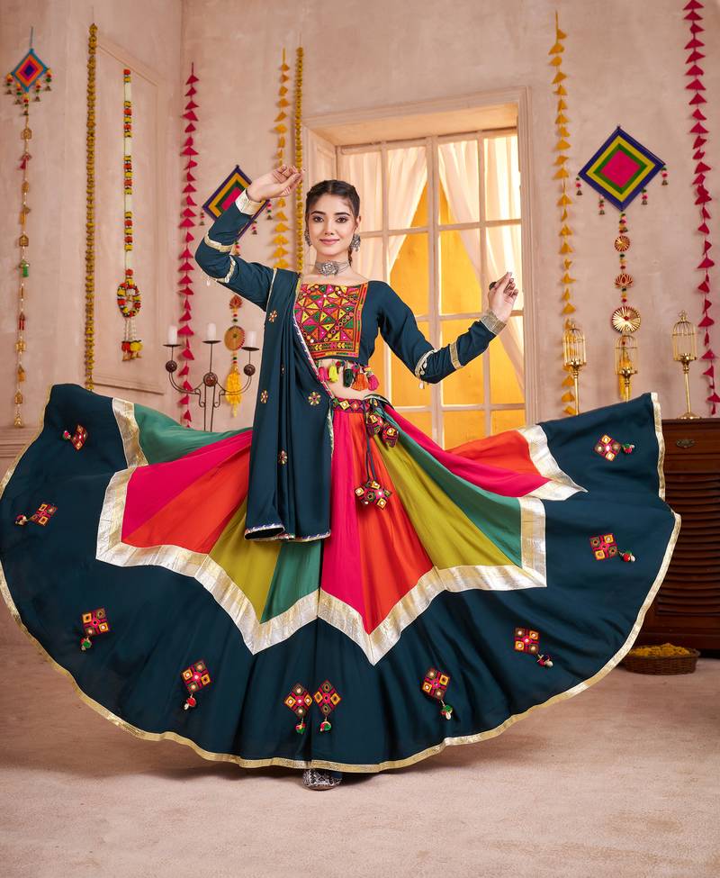 TEAL THREAD EMBROIDERED & MIRROR WORK VISCOSE COTTON TRADITIONAL NAVRATRI FESTIVAL WEDDING GARBA STITCHED LEHENGA CHOLI