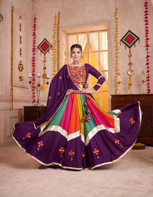 PURPLE THREAD EMBROIDERED & MIRROR WORK VISCOSE COTTON TRADITIONAL NAVRATRI WEDDING GARBA STITCHED LEHENGA CHOLI 1