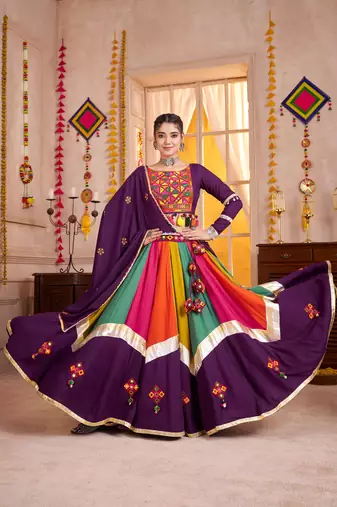 PURPLE THREAD EMBROIDERED & MIRROR WORK VISCOSE COTTON TRADITIONAL NAVRATRI WEDDING GARBA STITCHED LEHENGA CHOLI