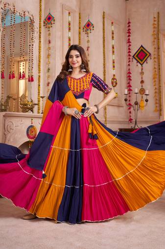BLUE ORANGE KUTCHI EMBROIDERED & MIRROR WORK VISCOSE COTTON TRADITIONAL NAVRATRI GARBA FESTIVAL STITCHED LEHENGA CHOLI