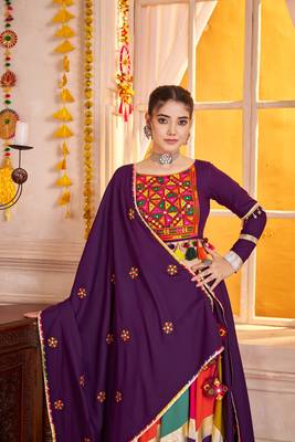 PURPLE THREAD EMBROIDERED & MIRROR WORK VISCOSE COTTON TRADITIONAL NAVRATRI WEDDING GARBA STITCHED LEHENGA CHOLI 2