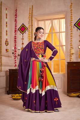 PURPLE THREAD EMBROIDERED & MIRROR WORK VISCOSE COTTON TRADITIONAL NAVRATRI WEDDING GARBA STITCHED LEHENGA CHOLI 4