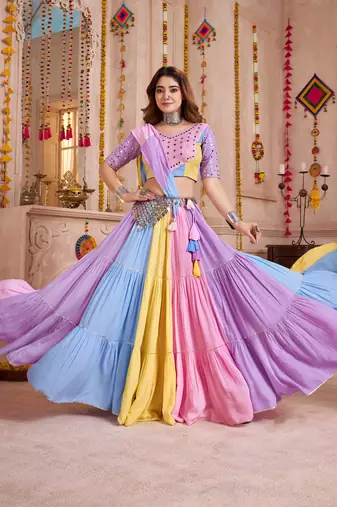LAVENDER PINK EMBROIDERED & REAL MIRROR WORK VISCOSE COTTON MARRIAGE FUNCTION PARTY WEAR FESTIVAL STITCHED LEHENGA CHOLI