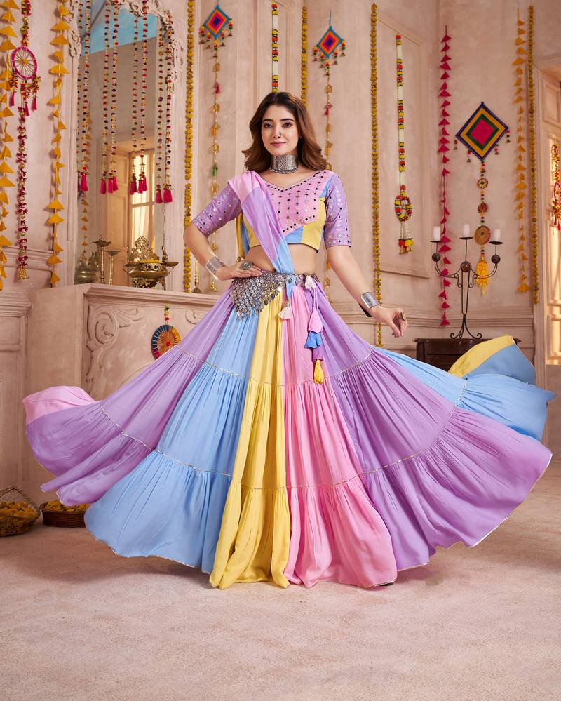 LAVENDER PINK EMBROIDERED & REAL MIRROR WORK VISCOSE COTTON MARRIAGE FUNCTION PARTY WEAR FESTIVAL STITCHED LEHENGA CHOLI