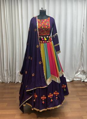 PURPLE THREAD EMBROIDERED & MIRROR WORK VISCOSE COTTON TRADITIONAL NAVRATRI WEDDING GARBA STITCHED LEHENGA CHOLI 5