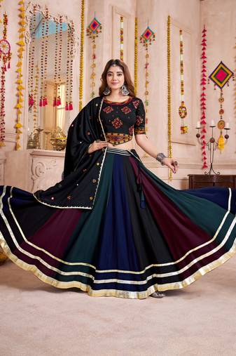 BLACK MULTICOLOR THREAD EMBROIDERED & MIRROR WORK VISCOSE COTTON TRADITIONAL NAVRATRI FESTIVAL STITCHED LEHENGA CHOLI