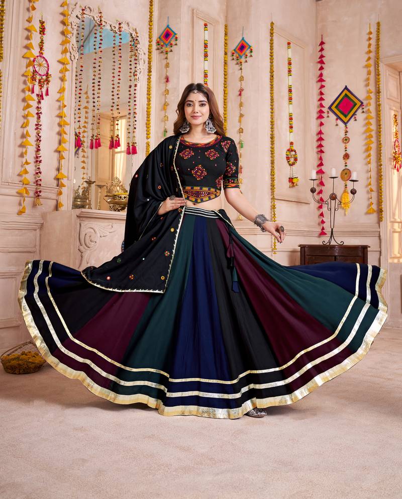 BLACK MULTICOLOR THREAD EMBROIDERED & MIRROR WORK VISCOSE COTTON TRADITIONAL NAVRATRI FESTIVAL STITCHED LEHENGA CHOLI
