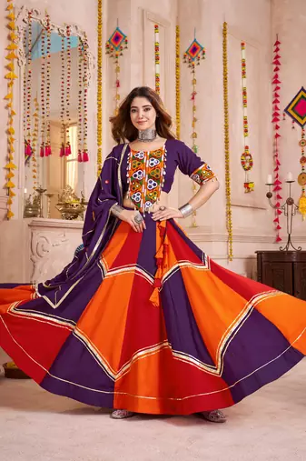 PURPLE MULTICOLOR THREAD EMBROIDERED & MIRROR WORK VISCOSE COTTON TRADITIONAL NAVRATRI FESTIVAL STITCHED LEHENGA CHOLI