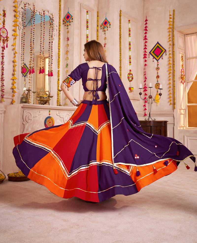 PURPLE MULTICOLOR THREAD EMBROIDERED & MIRROR WORK VISCOSE COTTON TRADITIONAL NAVRATRI FESTIVAL STITCHED LEHENGA CHOLI