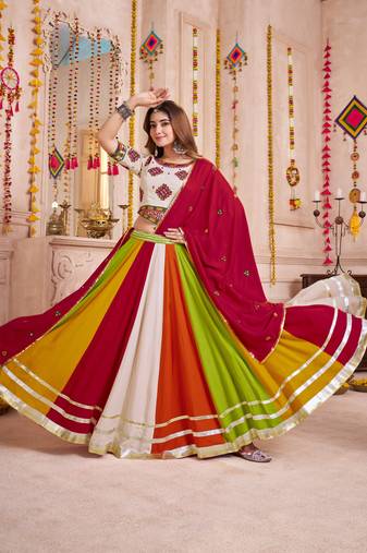 BEIGE MULTICOLOR EMBROIDERED & MIRROR WORK VISCOSE COTTON TRADITIONAL NAVRATRI FESTIVAL GARBA STITCHED LEHENGA CHOLI