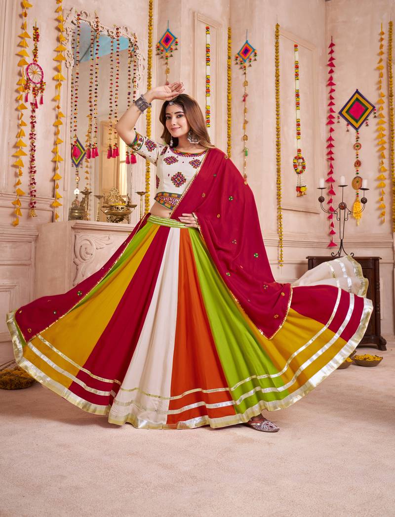BEIGE MULTICOLOR EMBROIDERED & MIRROR WORK VISCOSE COTTON TRADITIONAL NAVRATRI FESTIVAL GARBA STITCHED LEHENGA CHOLI