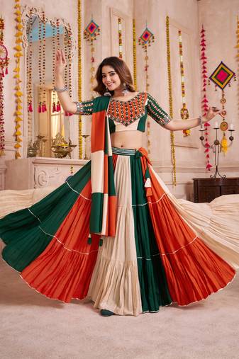 GREEN ORANGE KUTCHI EMBROIDERED & MIRROR WORK VISCOSE COTTON TRADITIONAL NAVRATRI GARBA FESTIVAL STITCHED LEHENGA CHOLI