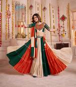 GREEN ORANGE KUTCHI EMBROIDERED & MIRROR WORK VISCOSE COTTON TRADITIONAL NAVRATRI GARBA FESTIVAL STITCHED LEHENGA CHOLI
