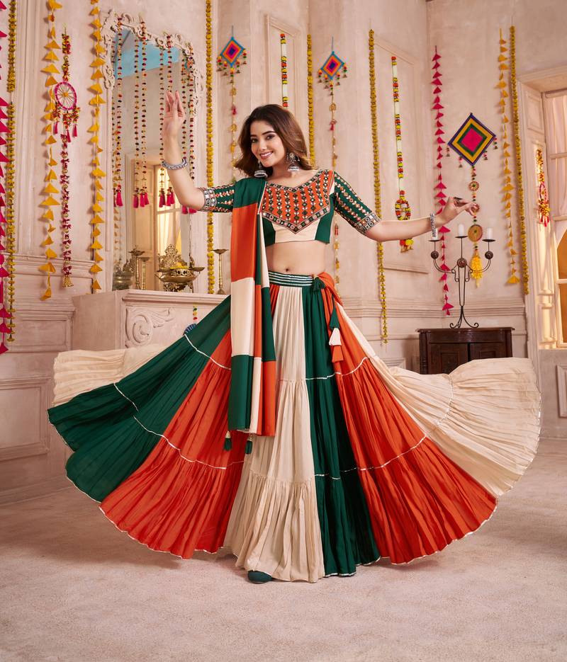 GREEN ORANGE KUTCHI EMBROIDERED & MIRROR WORK VISCOSE COTTON TRADITIONAL NAVRATRI GARBA FESTIVAL STITCHED LEHENGA CHOLI