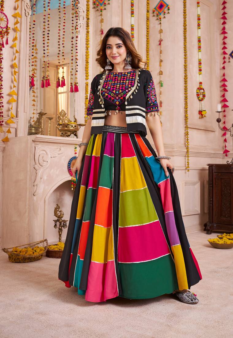 BLACK KUTCHI EMBROIDERED & MIRROR WORK VISCOSE COTTON TRADITIONAL NAVRATRI GARBA FESTIVAL STITCHED LEHENGA CHOLI JACKET
