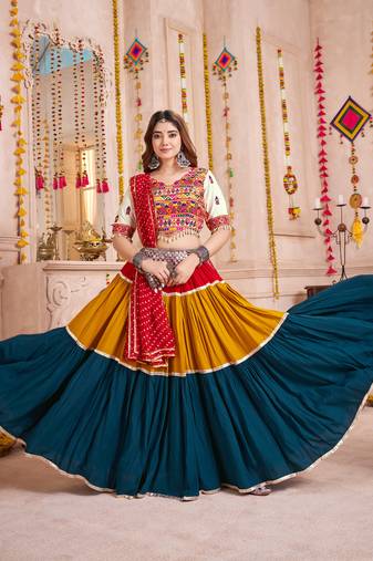 MULTICOLOR EMBROIDERED & MIRROR WORK VISCOSE COTTON TRADITIONAL NAVRATRI FESTIVAL GARBA STITCHED LEHENGA CHOLI