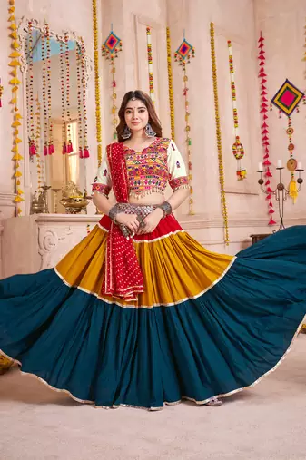 MULTICOLOR EMBROIDERED & MIRROR WORK VISCOSE COTTON TRADITIONAL NAVRATRI FESTIVAL GARBA STITCHED LEHENGA CHOLI