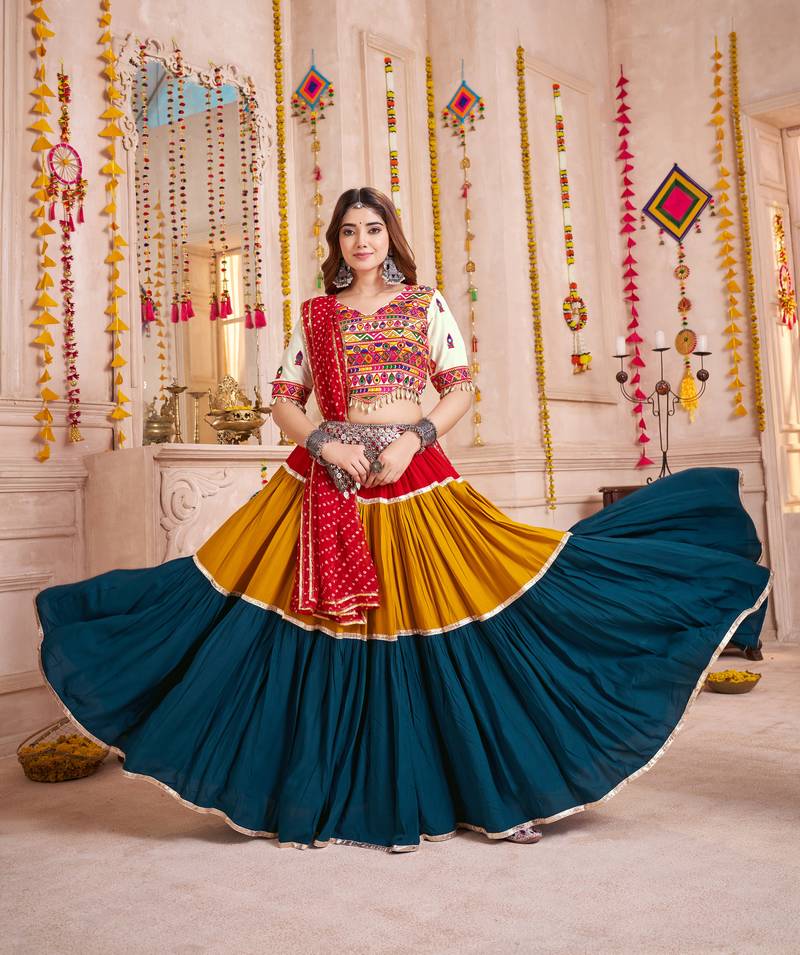 MULTICOLOR EMBROIDERED & MIRROR WORK VISCOSE COTTON TRADITIONAL NAVRATRI FESTIVAL GARBA STITCHED LEHENGA CHOLI